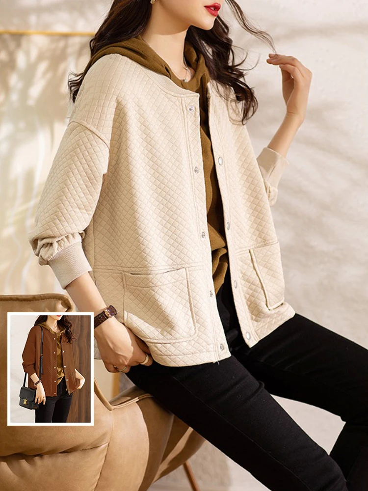 

Faionable Color Diamond id Baseball Jaet ort Coat Large Size Women's round Ne Casual Cardigan Top Autumn