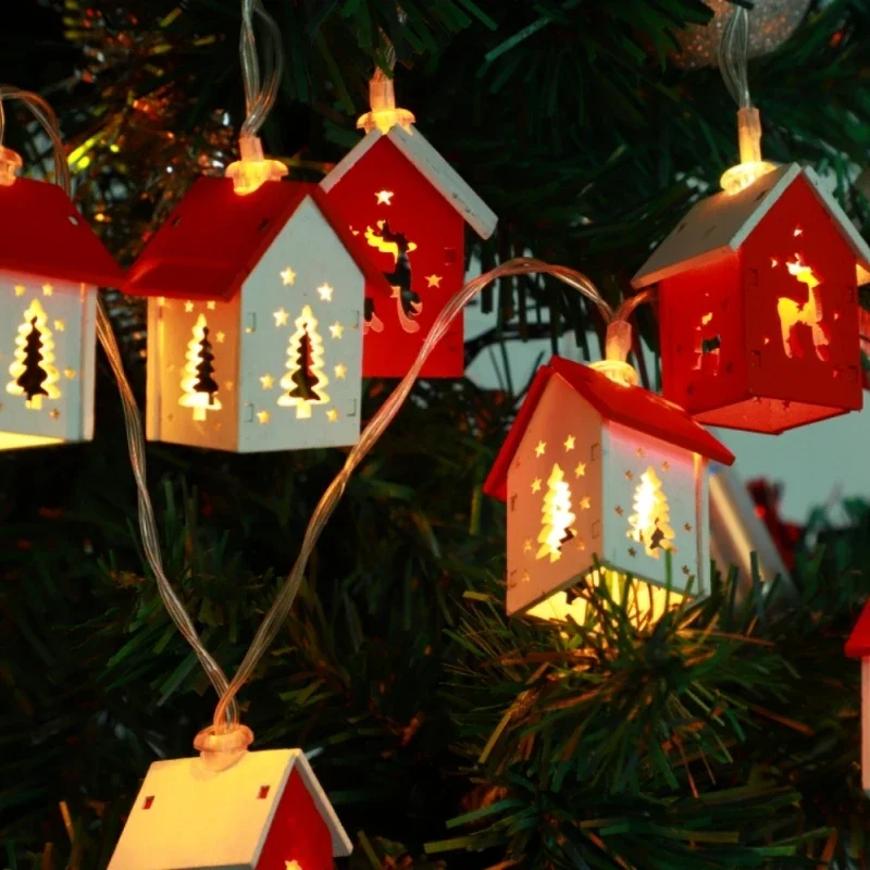 Cute Mini Christmas Wooden House Shaped String Lights Wood House LED Fairy Lamp Xmas Tree Hanging Lights for Christmas Home Noel