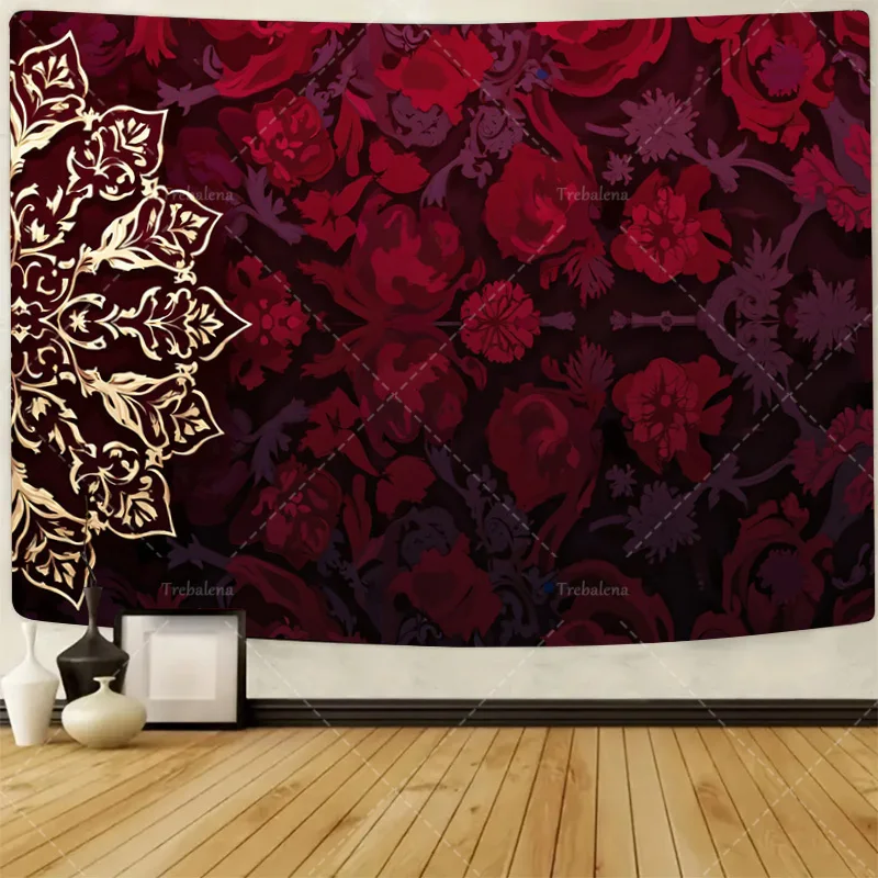 

1шт настенный гобелен элегантный красный цветочный гобелен с золотыми акцентами для декора комнаты в стиле бохо