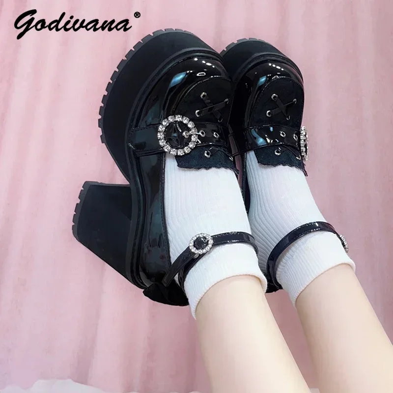 

Original Punk Mine Series Platform Shoes Round Toe Subculture Mass Production Rhinestone Women's Patent Leather JK Pump Shoes