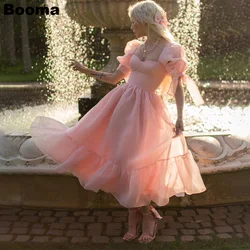 Booma Pink A Line Short Prom Dresses Sweetheart Short Puff Sleeves Organza Party Events Dresses Ruffles Birthday Gown Customized