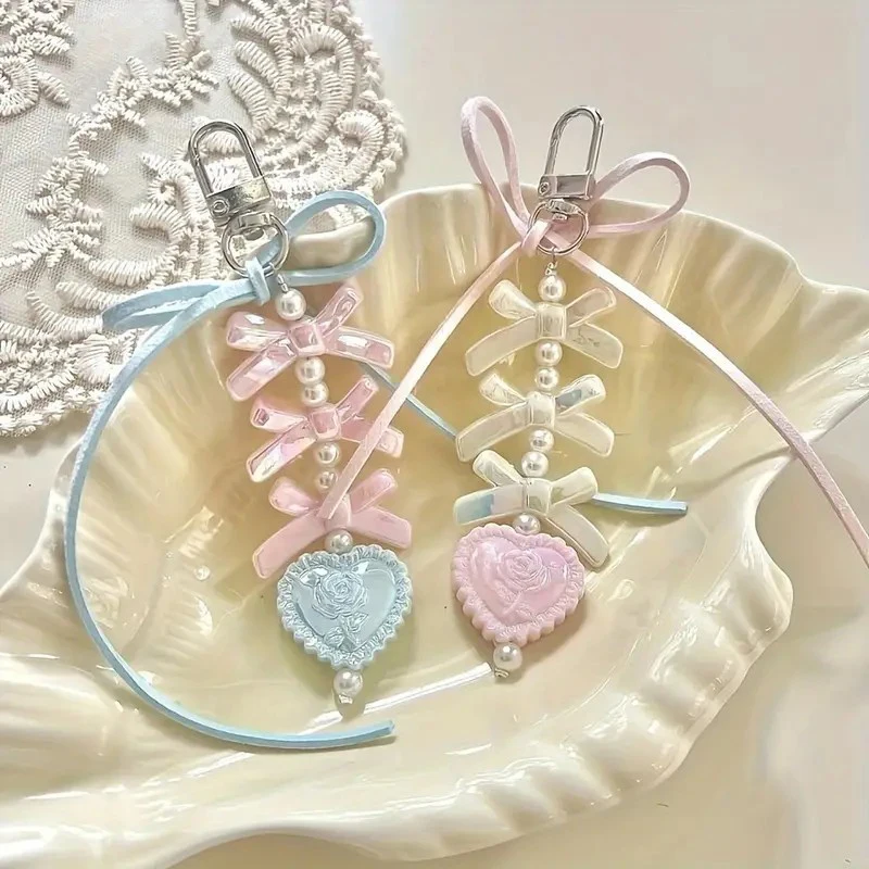 Zoete hartvorm hanger sleutelhanger boog lint kralen sleutelhanger voor vrouwen telefoon lanyard rugzak decoratie accessoires geschenken