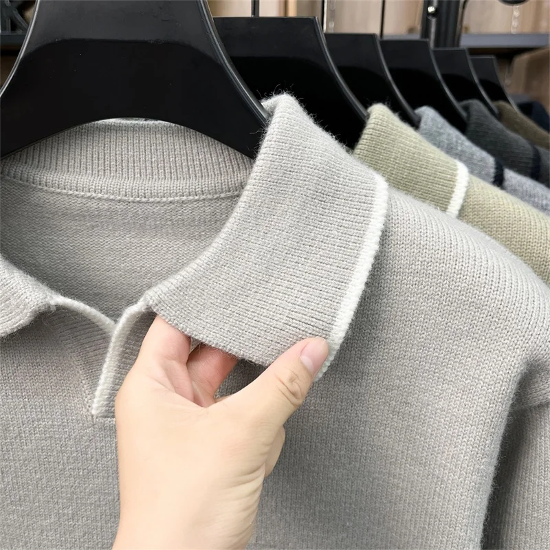 Luxusmarke Herren-Poloshirt mit Stickerei-Print, Herbst Neuheit, Einfarbig, Langarm, Revers-Strick-T-Shirt, Modische Business-Herrenbekleidung – Detail 10
