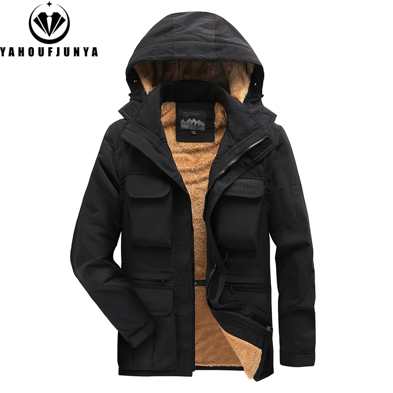 New Winter Men Thick Warm Windbreak Camping Loose Jacket Hiking Men Removable Hooded Outdoor Travel Solid Color Jacket Coat Male