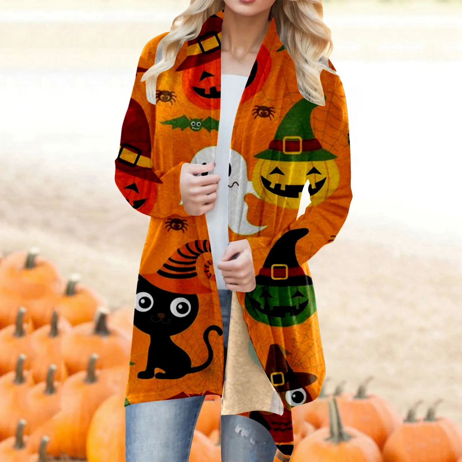 2024 Women\'s Loose All-match Cardigan Women\'s Casual Halloween Printed Fashionable Cardigan Autumn and Winter Long Cardigan