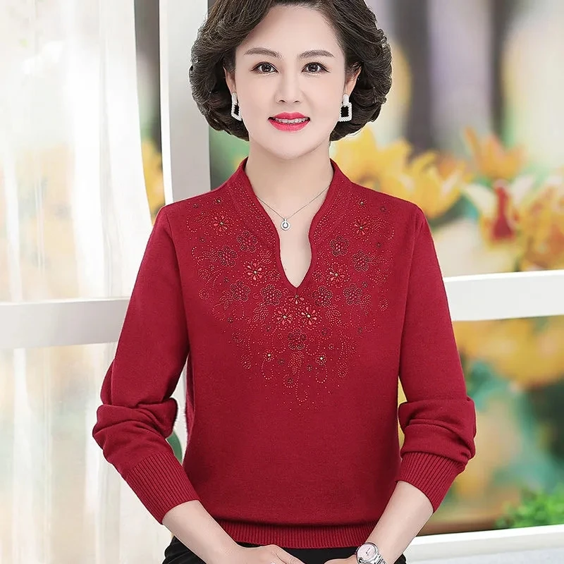 Women Cashmere Sweater 2022 Autumn New Middle-aged Mother Knitted Jumper Female Cheongsam Collar Pullovers Elegant Bottom Shirts