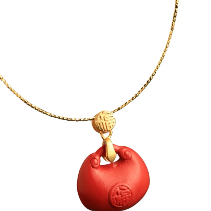 

*Fu сумка с замком из натурального киновари, стерлинговое серебро, древний золотой кулон, женский ретро-сумка Fu, ожерелье, кулон