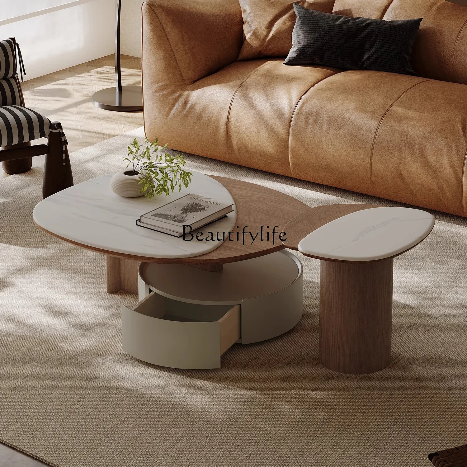 

XXItalian minimalist microcrystalline stone coffee table combination high-end with walnut pattern creativity