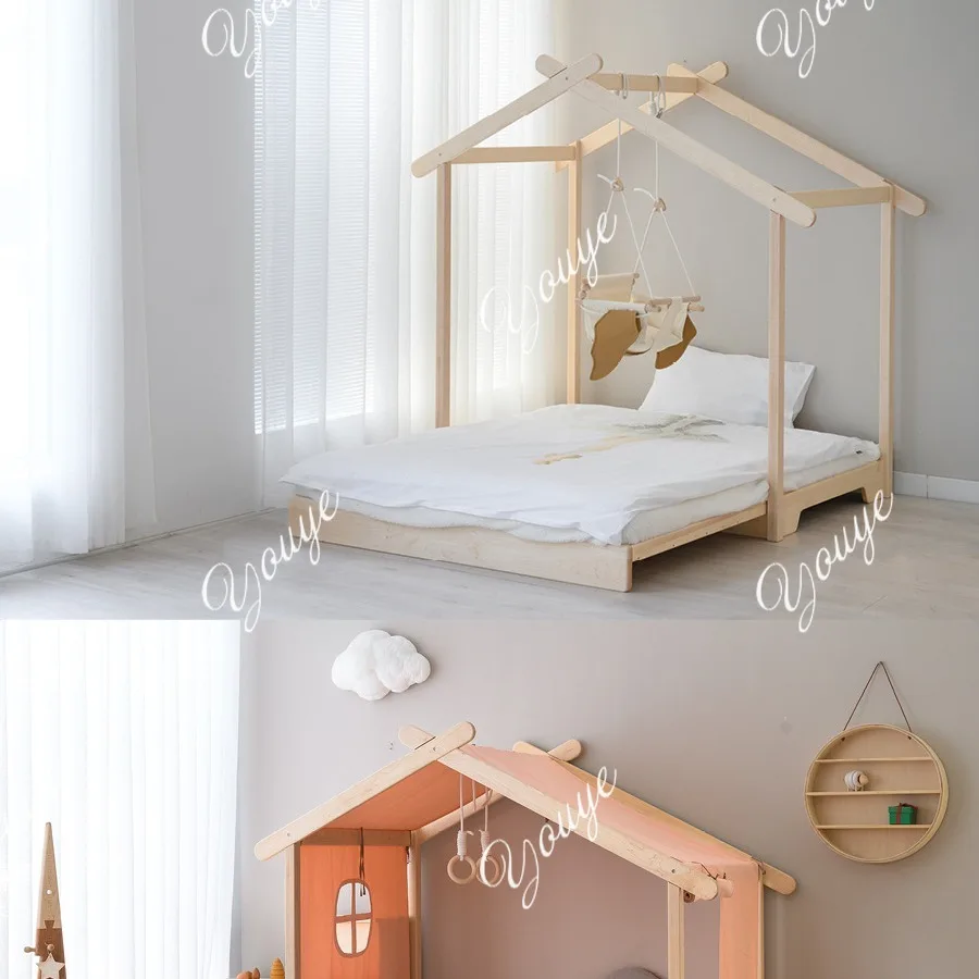 Cama de paletas totalmente de madera maciza con cajón de almacenamiento, cama para niños, columpio de madera maciza de arce para niños