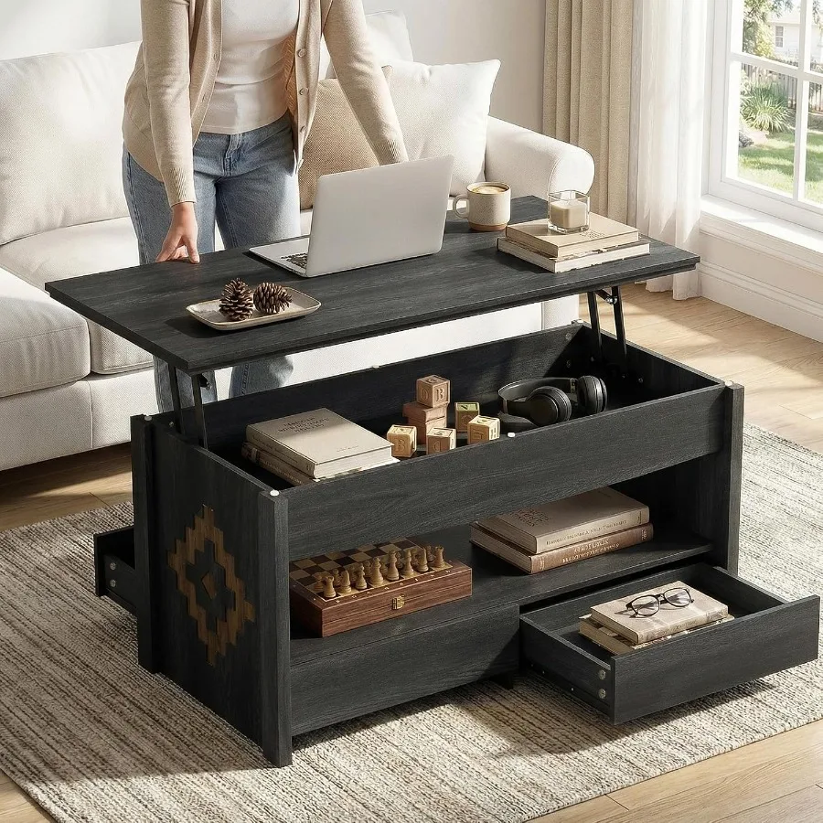 Living room coffee table, engineered wood, walnut brown, lift-top design with 2 drawers + 1 hidden compartment + 1 open shelf,