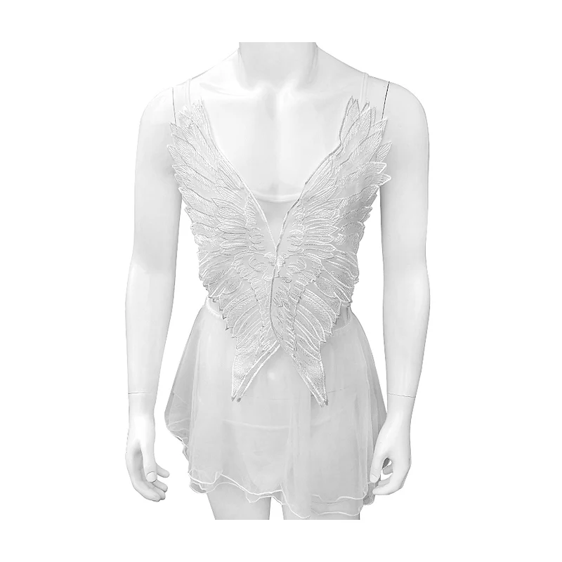 

White Sexy See through Sissy Dress Lingerie With Angel Wings Passion Set Cute Nightgown Lolita Men Gay Lingerie Skirt With Thong