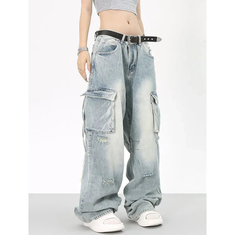 

Women Blue Jeans Grunge Chic Fashion Streetwear Wide Leg Jean High Waist Female Trouser Vintage Y2K Straight Baggy Denim Pants