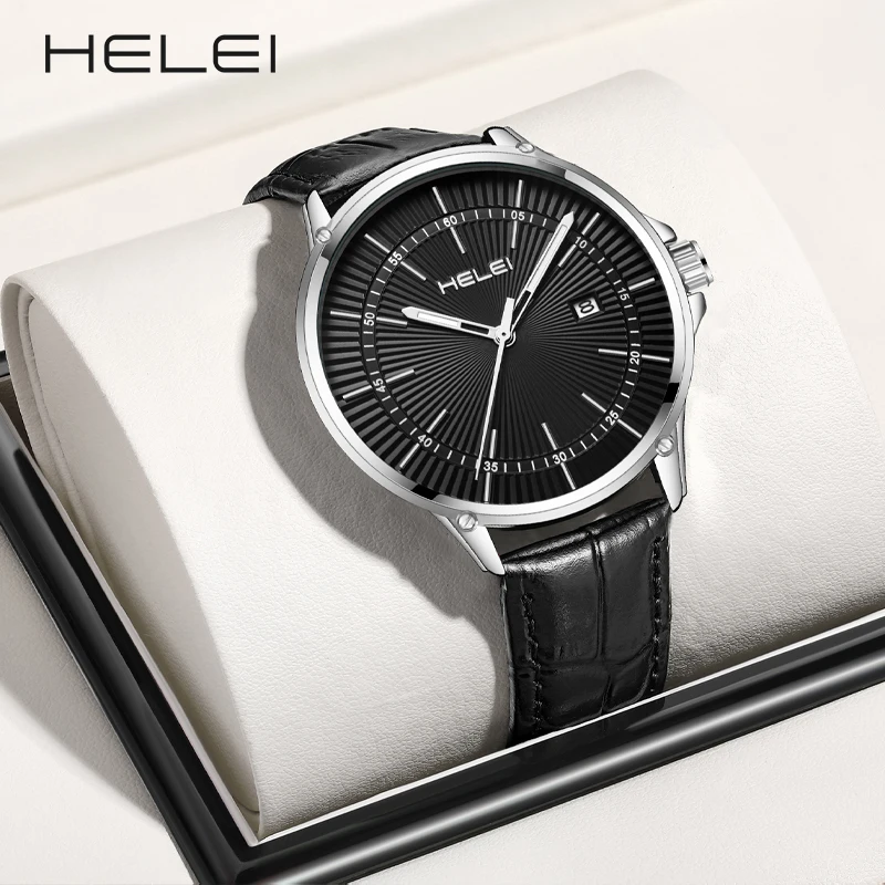HELEI-relojes de cuarzo de lujo para hombre, pulsera de cuero, resistente al agua, de negocios, regalo