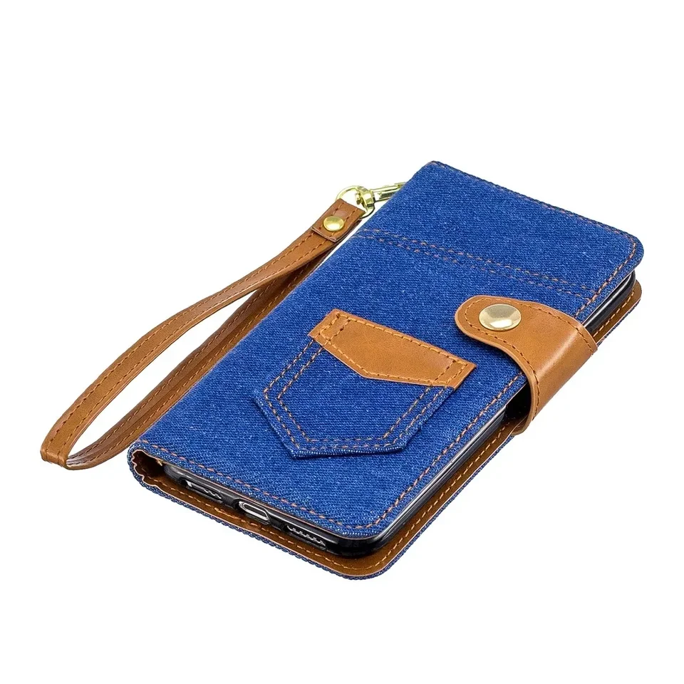Denim Contrasting Leather Strap Phone Case for iPhone 16 Pro Max 15 14 13 12 11 XR Xs Max X 7 8 Plus Card Slot Stand Flip Cover, image 7