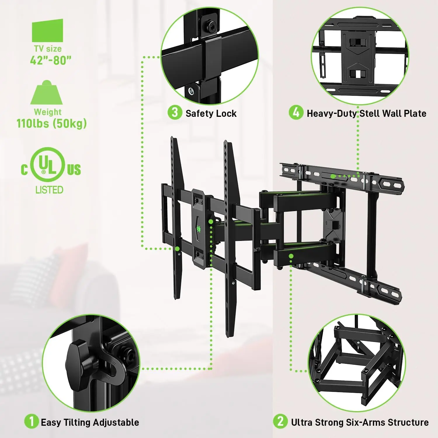 Support mural TV répertorié UL pour téléviseurs 42"-85", convient aux goujons 16" 18" ou 24", support TV d'extension d'inclinaison pivotante à montage mural à mouvement complet