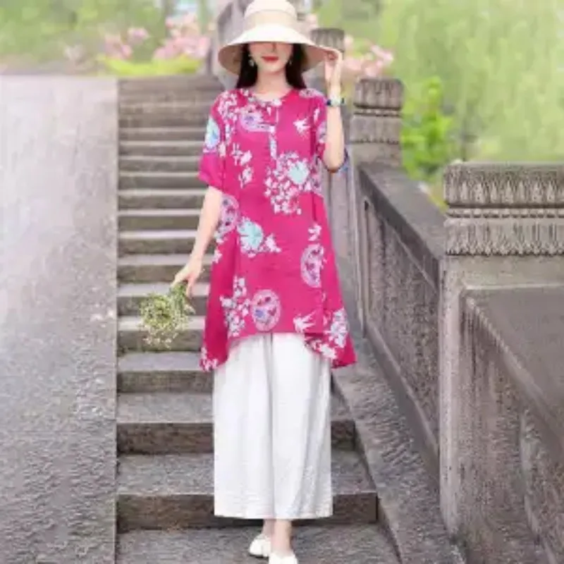 Women Ethnic Floral Print Frog Button Short Sleeve Top Wide Leg Capri Pants Two Piece Set view 6