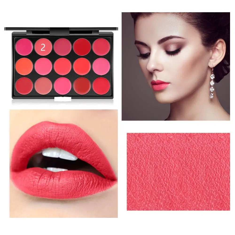 Niet-Plakkerig Cup Mat Lippenstift Palet Met Spiegel Waterdichte Hydraterende 15 Kleuren Lipgloss Palet Nude Rode Lippen Make-Up Tool