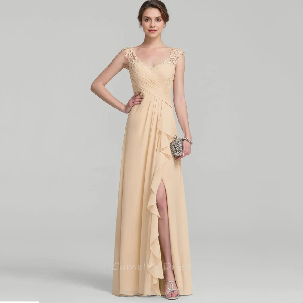 Customized Chiffon Mother of the Bride Dress Applique A Line Wedding Guest Gown Tank Split Evening robe mother of bride