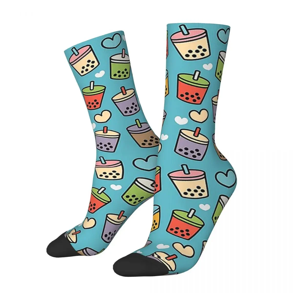 Cute Bubble Tea Flavors And Hearts Pattern Socks Harajuku Soft Stockings All Season Long Socks for Man Woman Birthday Present