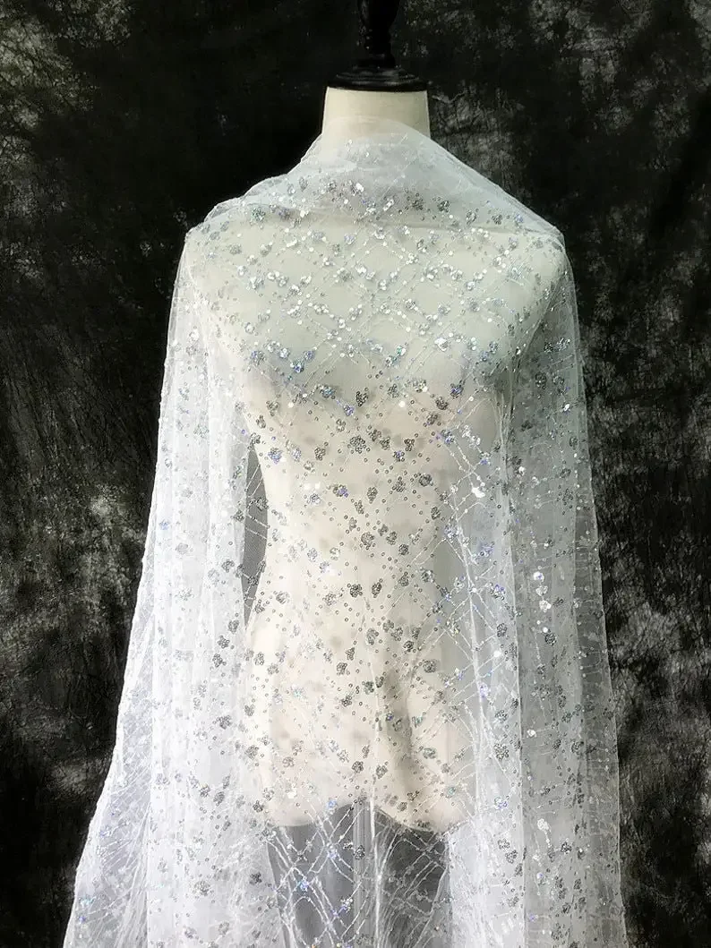 

Sequined rhinestone embroidery Lace fabric rhinestone soft white tulle lace for wedding dress bridal veil 51" width