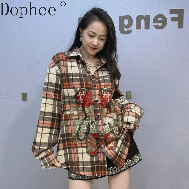 Vintage Sanding Plaid Shirts Women 2025 New Spring Autumn Loose Cardigans Top All-match Cute Bear Hot Drilling Casual Blouses