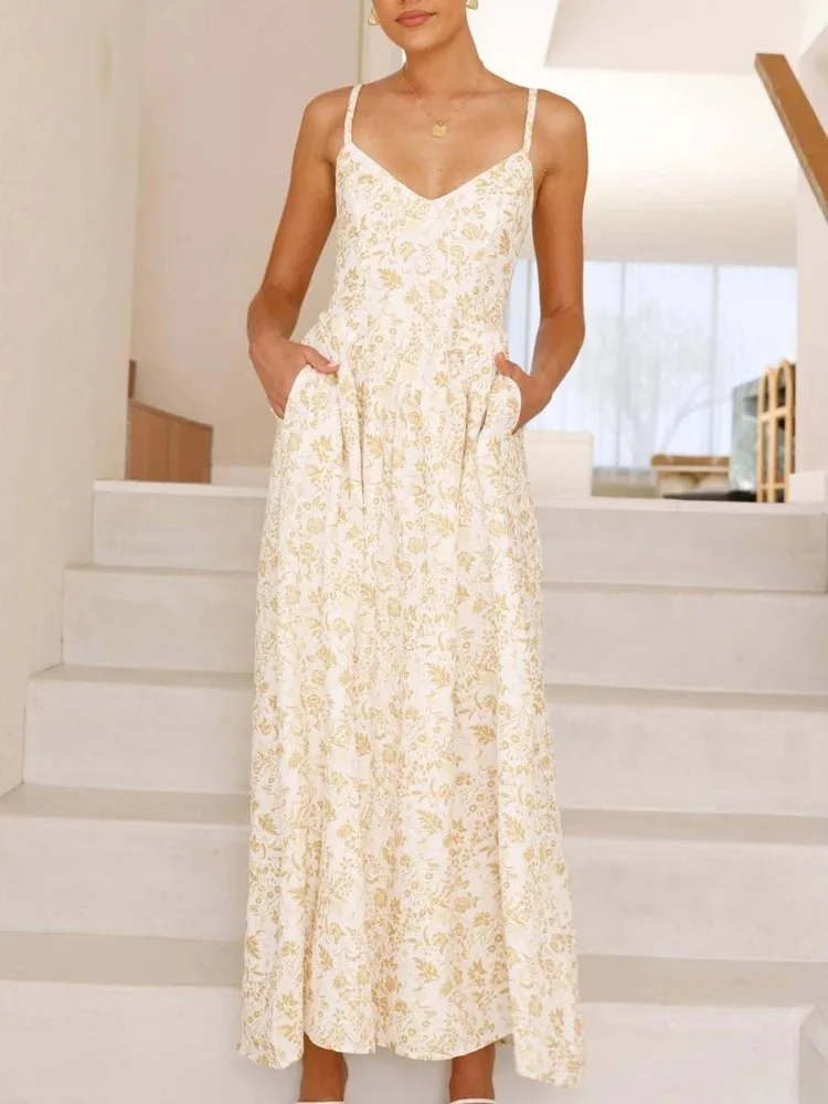 New Summer Women Sleeveless Backless A-line Dress,Floral Dresses For Ladies,Casual Beach Dresses