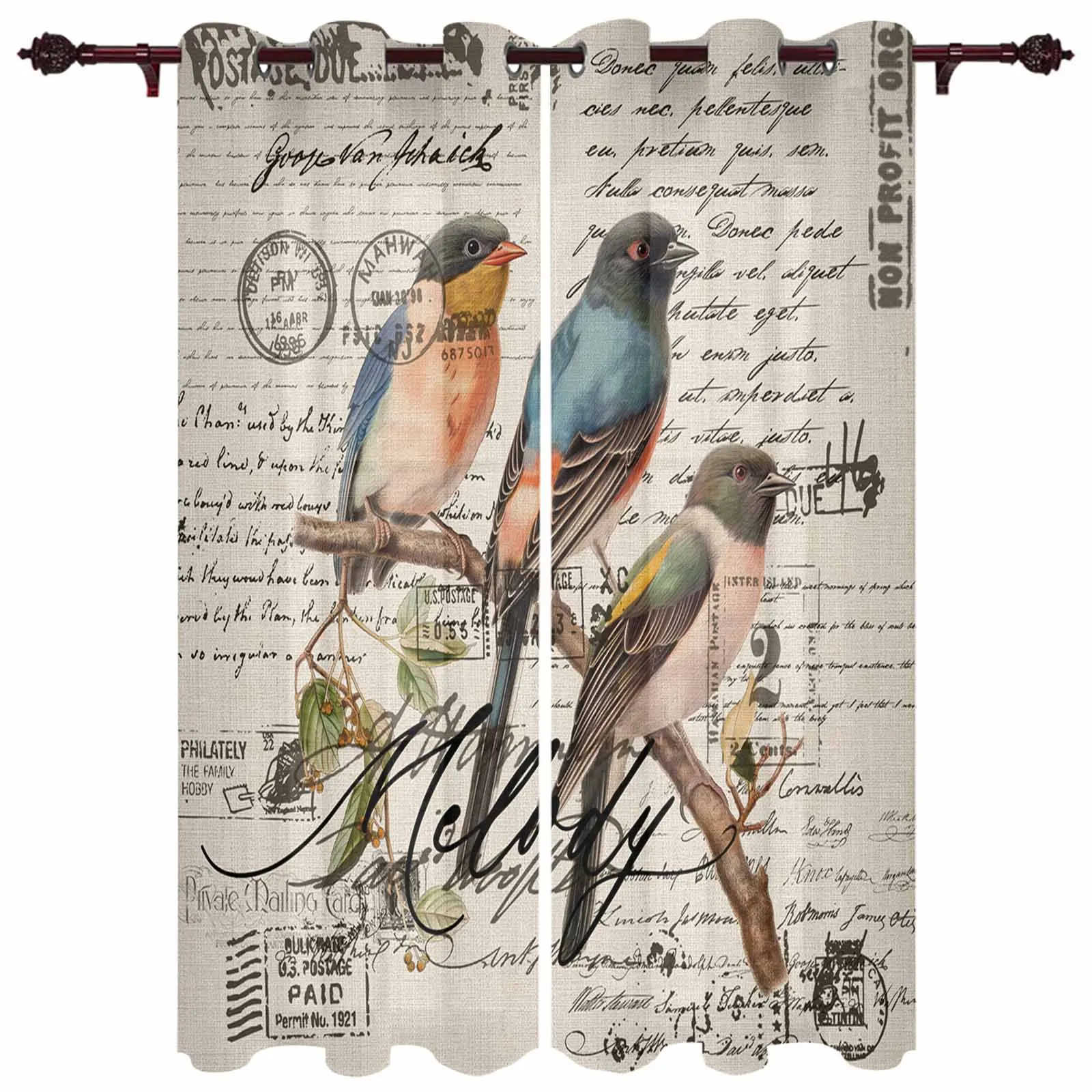 Retro Illustration Bird Envelope Postmark Outdoor Curtain For Garden Patio Drapes Bedroom Living Room Kitchen Window Curtain