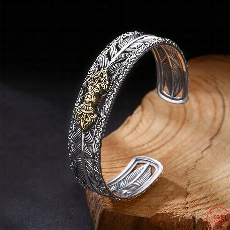 S925 Sterling Silver Charms Bracelets for Women Men Emboss Hollow Feather Vajra Pestle Bangle New Fashion Jewelry Wholesale