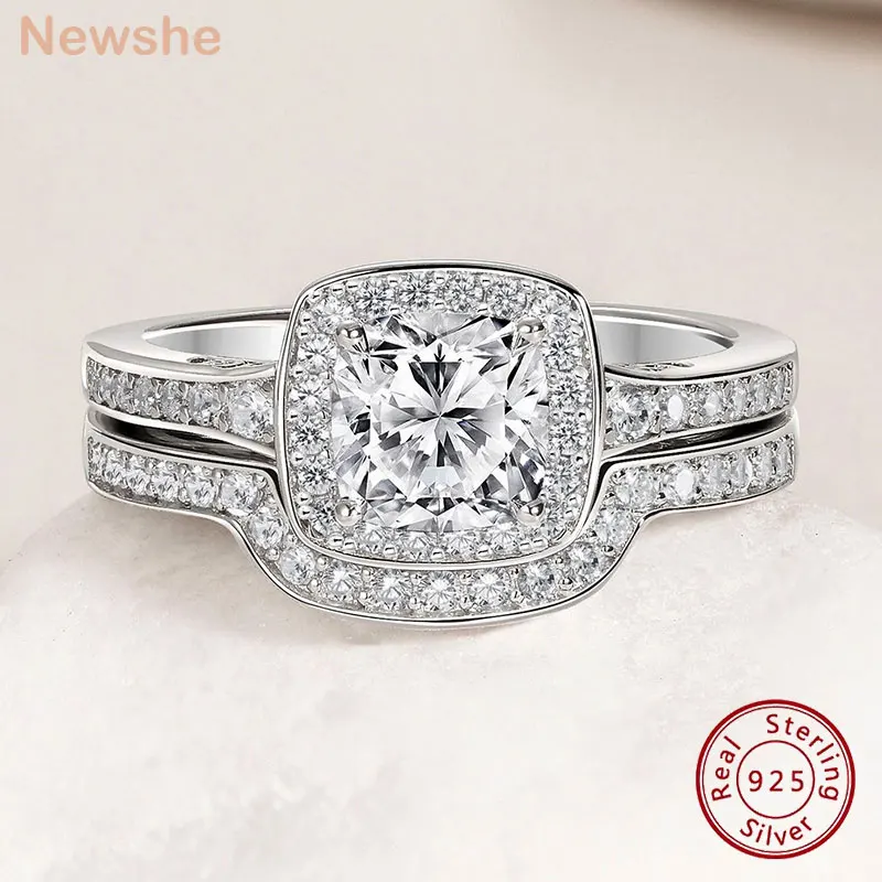 Newshe Original 925 Sterling Silver Wedding Rings Set for Women Cushion Cubic Zircon 2 Pieces Couples Luxury Engagement Ring