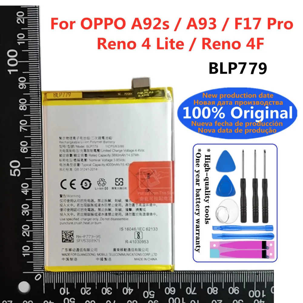 100% Original New 4000mAh BLP779 Battery For OPPO Reno4 Lite / F17 Pro / A92s / A93 / RENO 4F Mobile Phone Battery Bateria