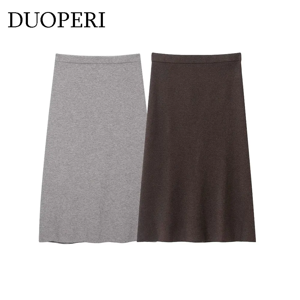 DUOPERI Dames Effen Gebreide A-lijn Midi Rok Hoge Elastische Taille Vrouwelijke Elegante Chique Dame Rokken