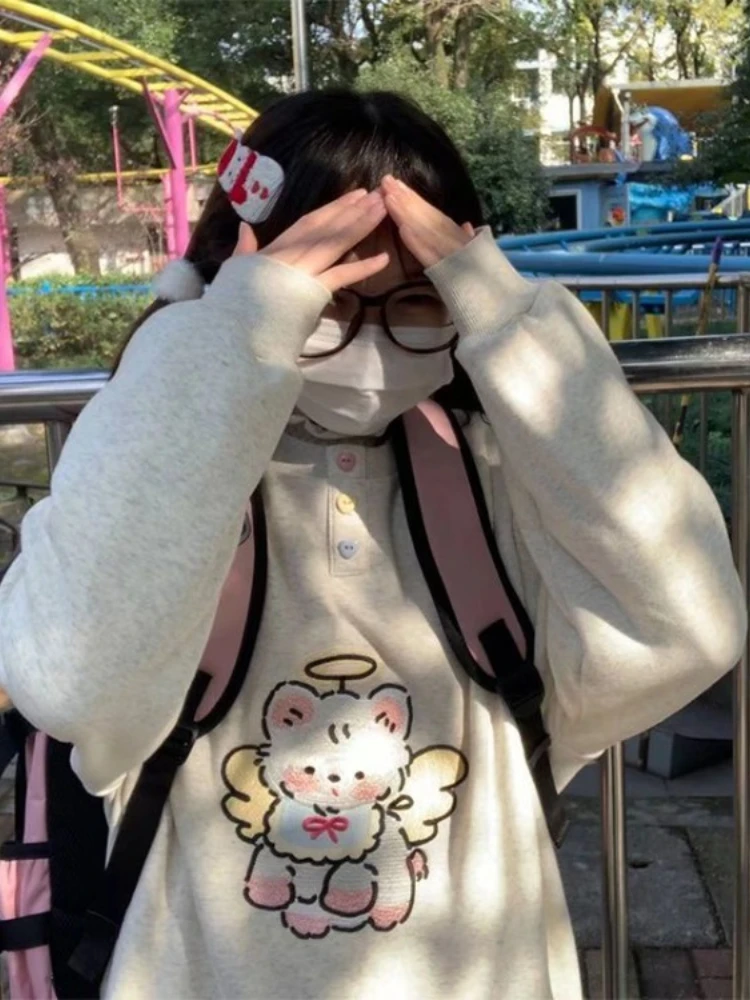 Japanese Kawaii Cute Loose Cartoon Hoodies  Embroidery Fashion Button O Neck Pullovers Y2 Casual Sweatshirts Womens Top