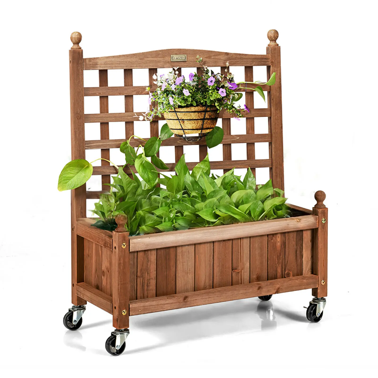 Costway 32in Wood Planter Box w/Trellis Mobile Raised Bed for Climbing Plant