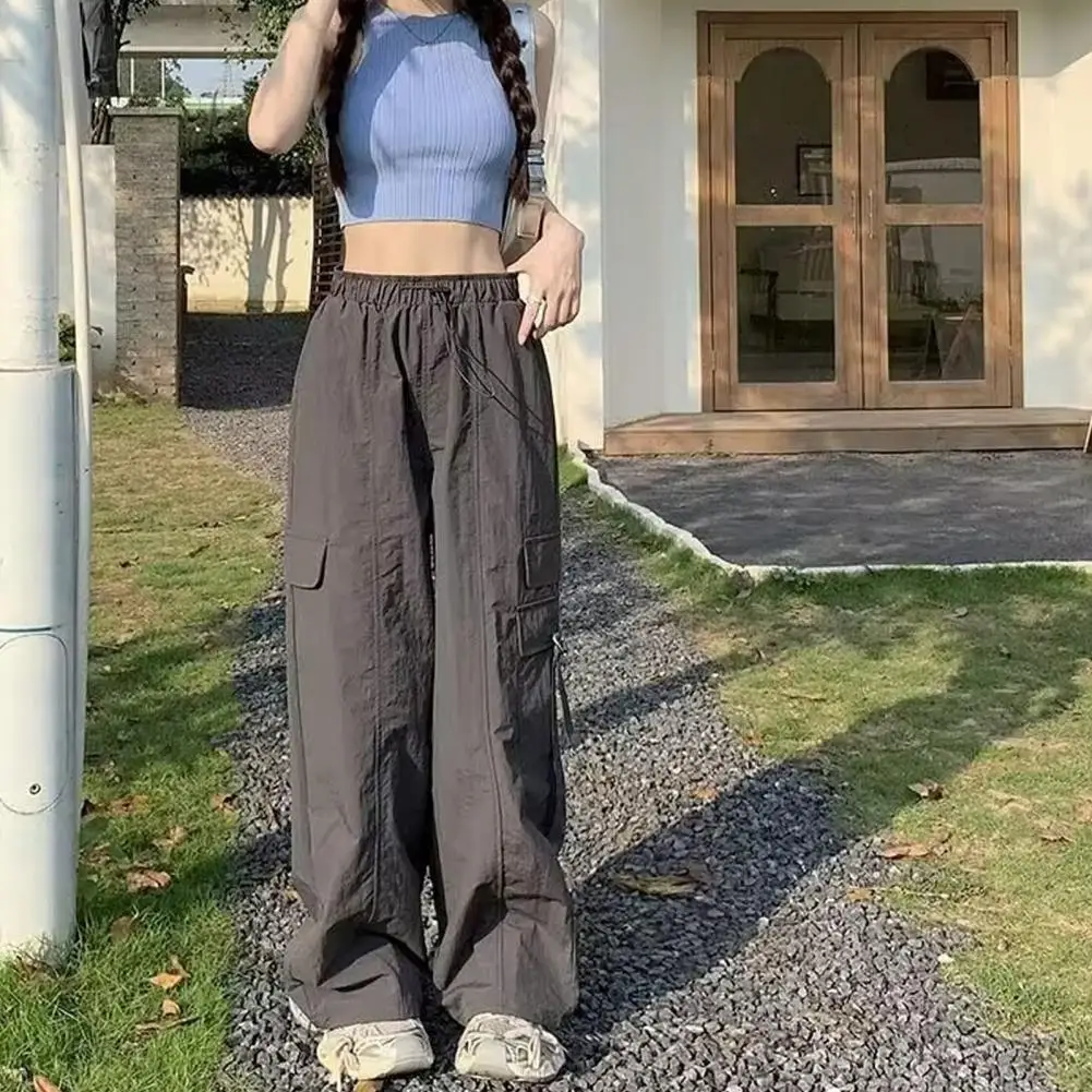 Wide Leg Pants High Waist Women's Cargo Pants with Adjustable Drawstring Wide Leg Design Multiple Pockets for Sports Casual Wear