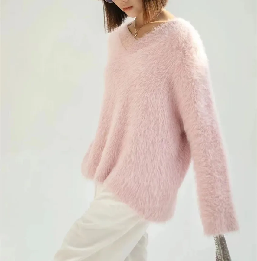 2023 New Korean Autumn Winter Soft Mohair Loose Sweater Lazy Style Women V Neck Long Sleeve Thick Warm Imitation Mink Pullovers