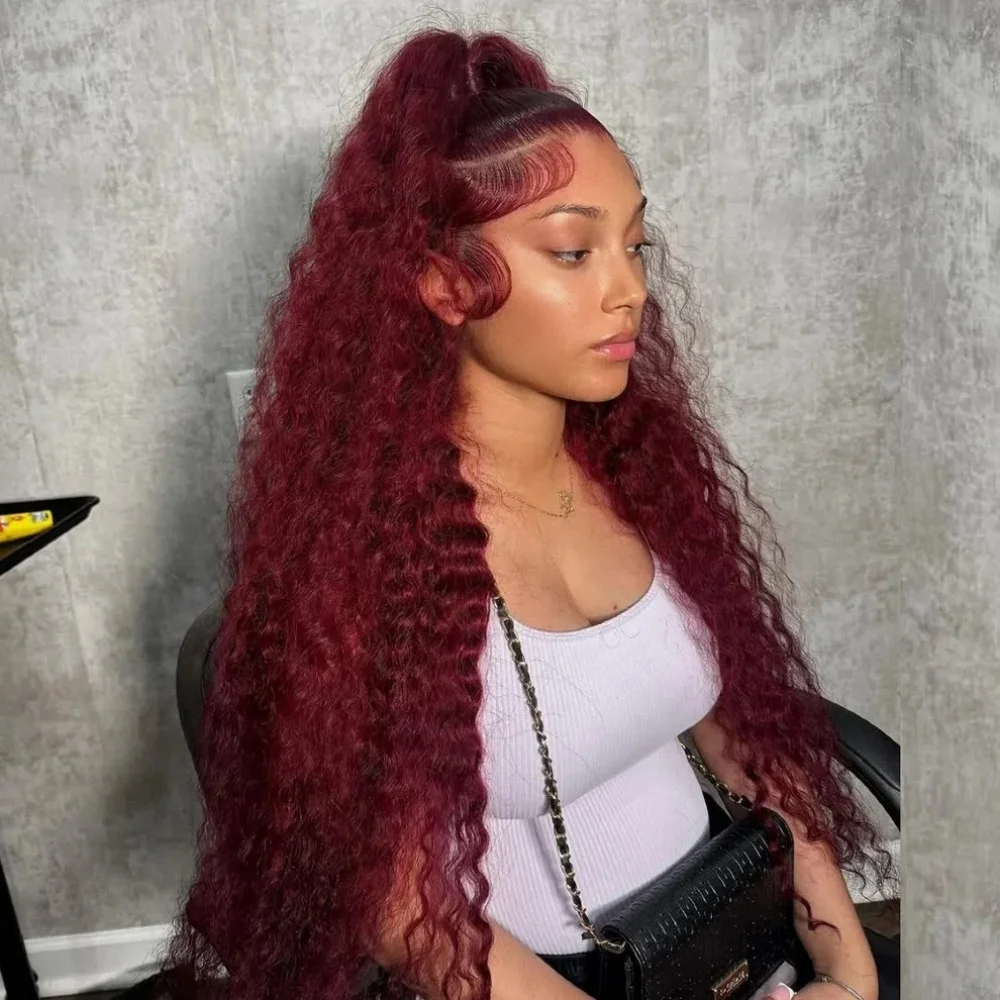 16 34 Inch Deep Curly Wigs Human Hair 99J Burgundy 13x4 HD Transparent Deep Wave Lace Front Human Hair Wig Pre Plucked With Baby Hair