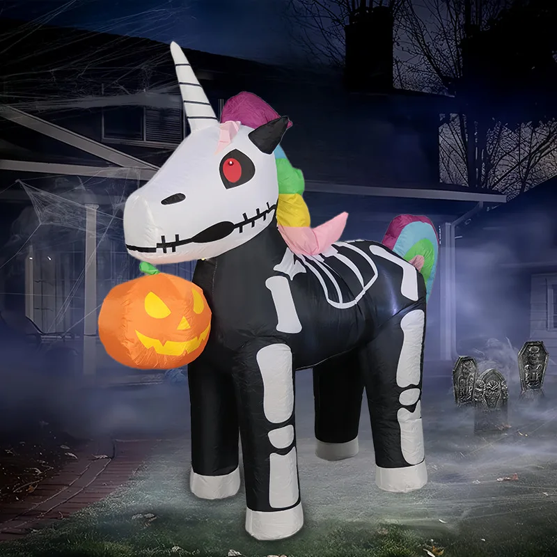 

1.5M Halloween Inflatable Pumpkin with Colorful Skeleton Unicorn Built-in LED Lights Spooky Blow Up Decor for Outdoor Garden