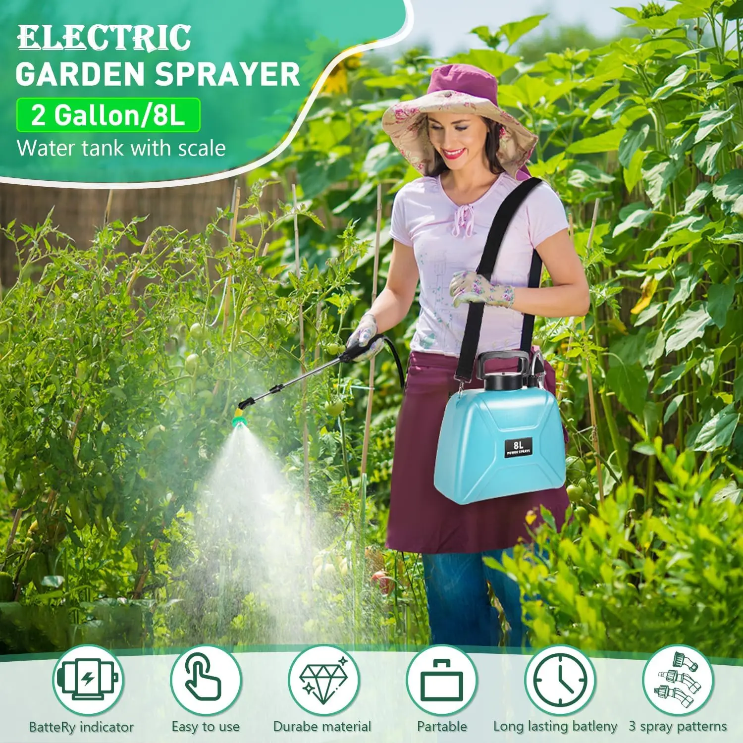 

Electric Sprayer 8L Shoulder Style Watering Can With Spray Gun Automatic Garden Plant Mister USB Rechargeable Irrigation Tool