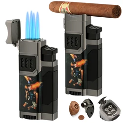 Cigar Lighter 4 Torch Jet Flame,Cigar Punch & Holder & Draw Enhancer,Refillable Torch Lighter,Multi-Functional Cigar Accessories