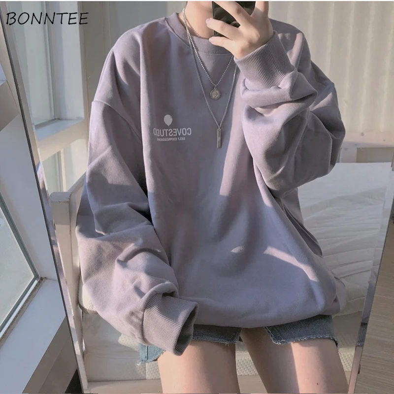 Y2k Sweatshirts Women Simple Letter Korean Long Sleeve Spring Chic Purple Harajuku Femme Pullovers Black Streetwear  