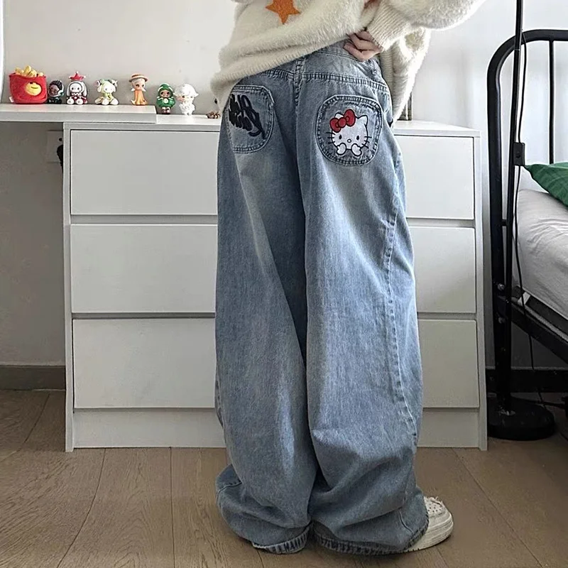 Süße Hallo Kitty Jeans mit weitem Bein kawaii sanrio kt Stickerei gerade Rohr hohe Taille lose vielseitige Cartoon y2k Jeans hose