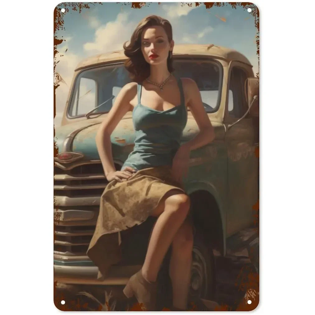 Pinup Car Girls Metal Tin Signs Plaque Wall Decoration Vintage Art Posters Iron Painting for Man Cave Home Cafe Garden Club Bar