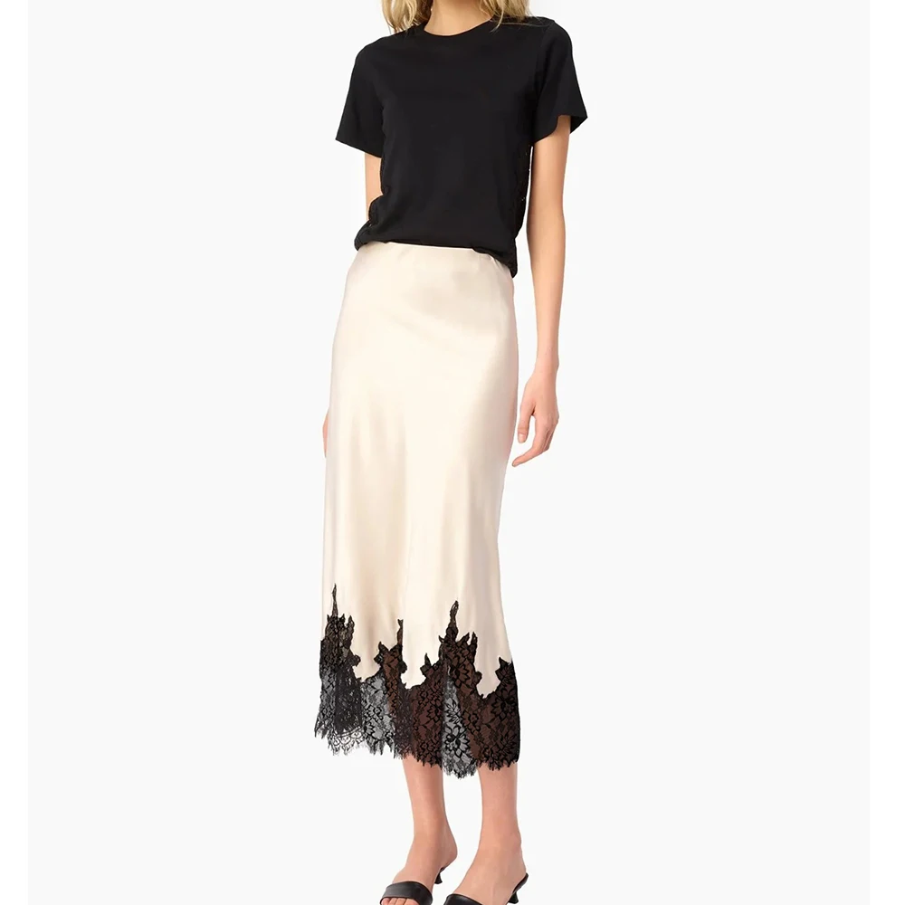

Women Elegant Silk Stain Half Slip Long Skirts Y2k Aesthetic Lace Trim Midi Skirts Flowy Silky Ruffles A Line Skorts Streetwear