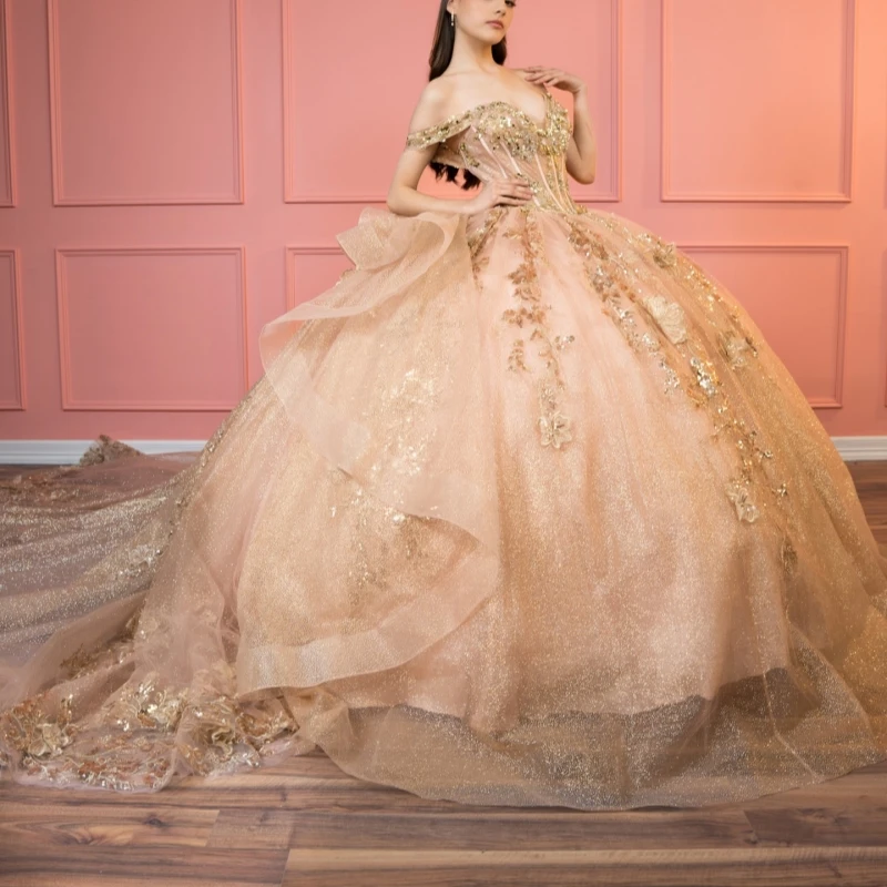 

Champagne Shiny Ball Gown Quinceanera Dresses Sequin Applique Flower Beading Crystal Tull Corset Off Shoulder Sweet 16 Dress