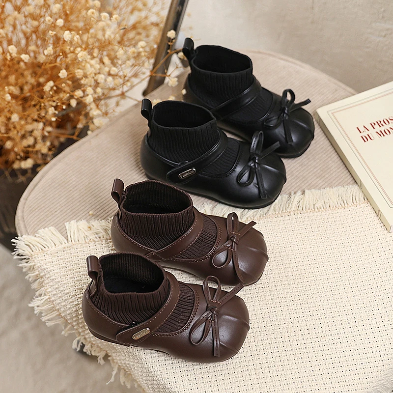 Girls Sock Leather Boots Children Knitted Ankle Boots Soft Sole Non Slip Kids Princess Dress Shoes Spring Autumn New