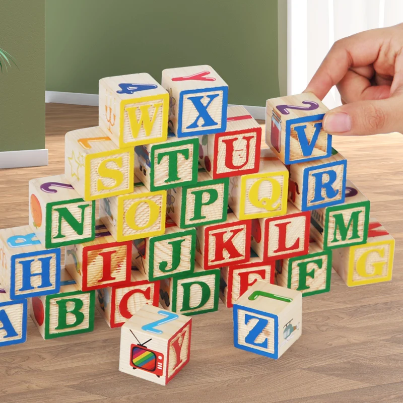 27Pcs Wooden Printed Block Toy English Letter Digital Cartoon Cognition Learning Early Educational Toys Gifts For Children Kids