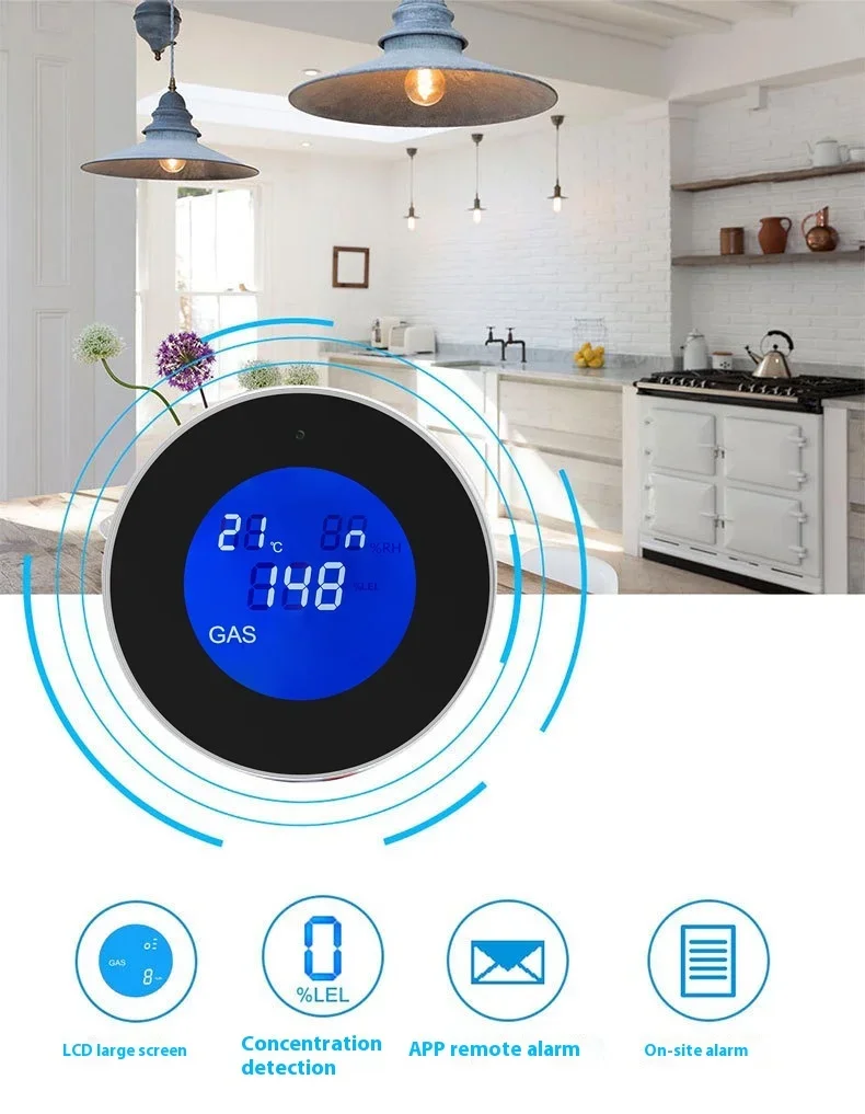 Tuya Wifi Smart Natural Gas Alarm Sensor Met temperatuurfunctie Brandbaar gaslekdetector LCD-scherm Smart Life App