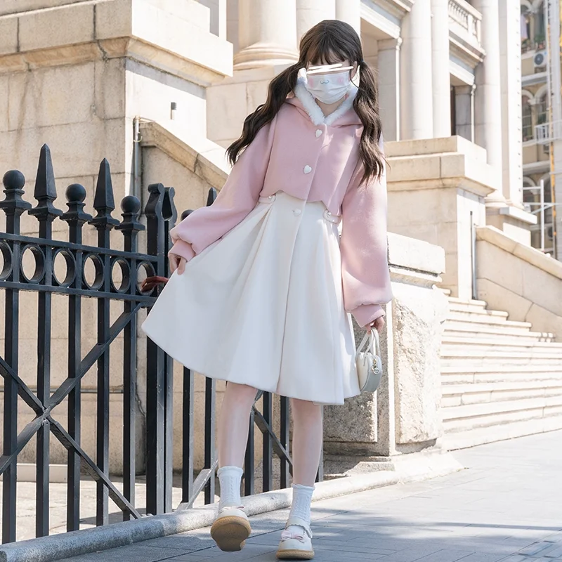 

Новое зимнее японское тонкое шерстяное пальто средней длины с милым бантом Kawaii Lolita Girl, розовая лоскутная куртка с капюшоном и кошачьими ушками, пальто