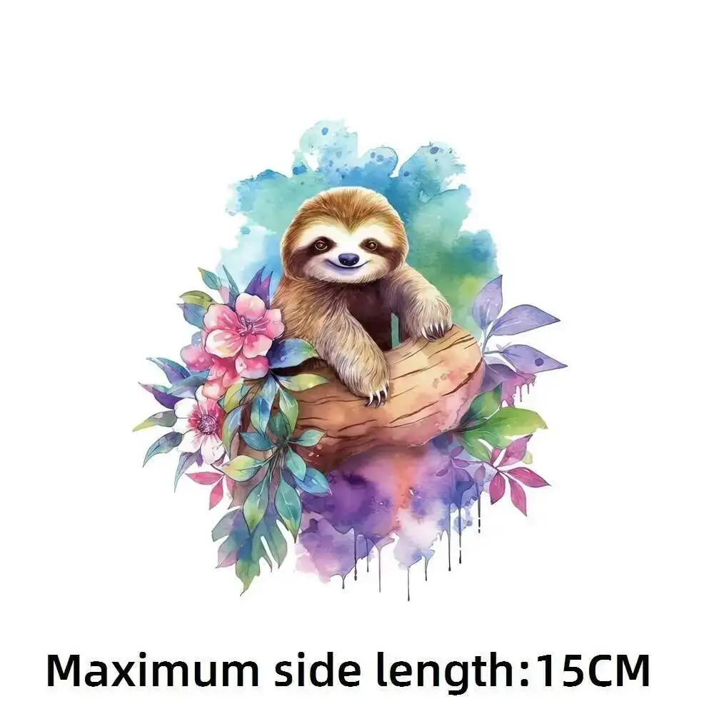 15cm Kid Color Flower Sloth Iron On Heat Transfer Stickers For Clothes DTF Pinted Vinyl Thermal Appliques Washable T-Shirt Decal