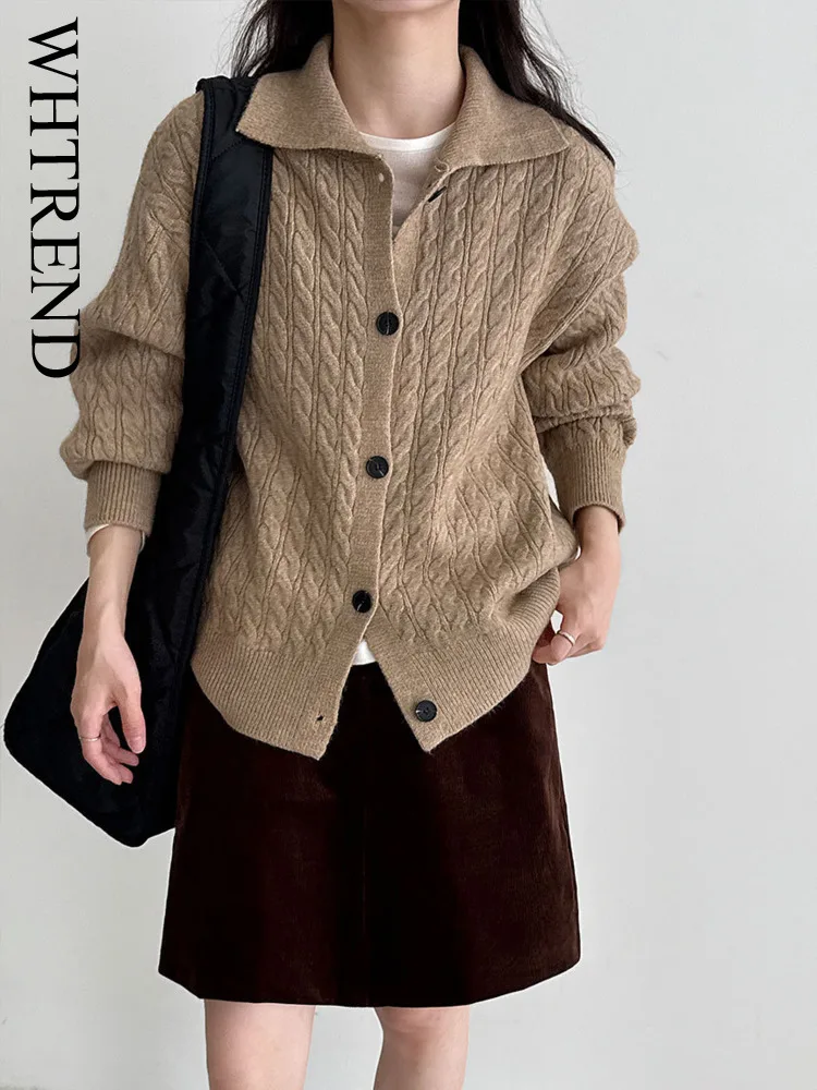 

WHTREND повседневный простой вязаный свитер с лацканами, кардиган, пальто для женщин, осень-зима, универсальный топ в корейском стиле WH1859